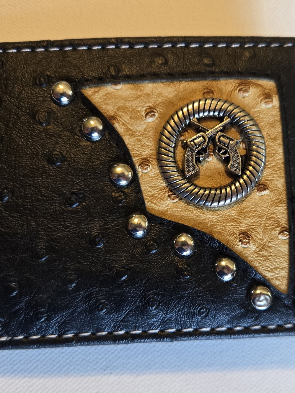 Mens Handcrafted Western Wallet Bifold Ostrich Leather Crossed Pistols Guns New